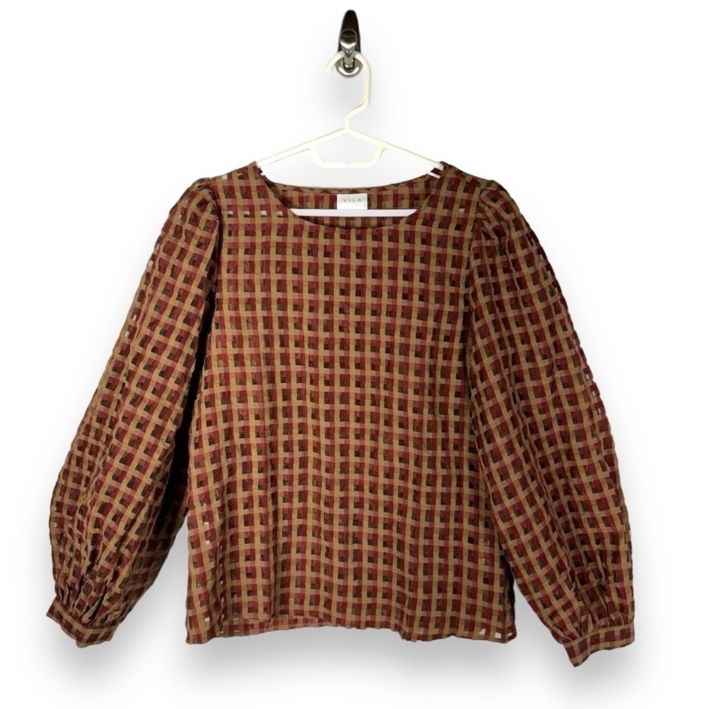 4 for $20 SALE!Vila Vigansa Plaid Balloon Sleeve Top, Red/Gold, Size EUR 38/US S
